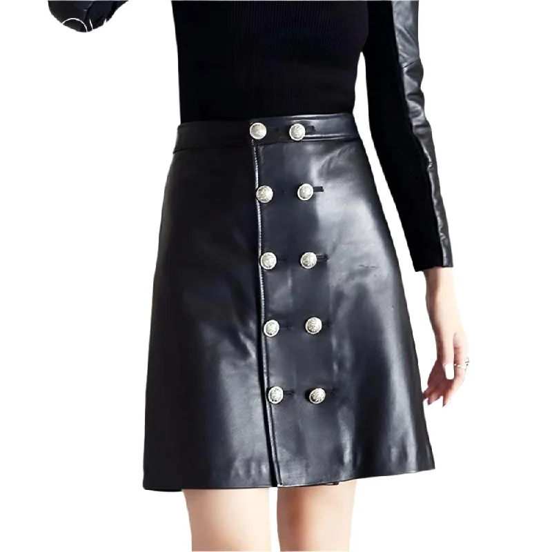 Casual Black A-Line High Waist Skirt Genuine Sheepskin