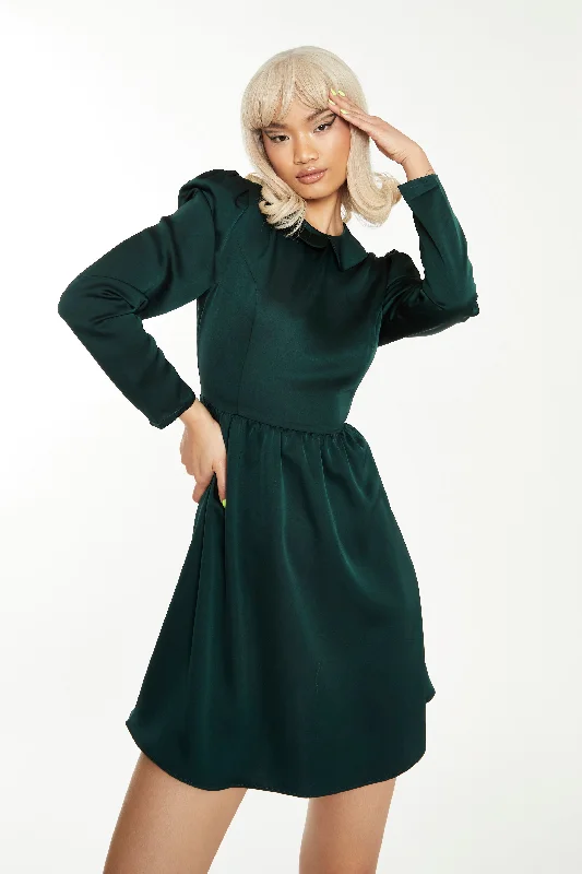 Glamorous Dark Green Satin Collared Skater Mini Dress