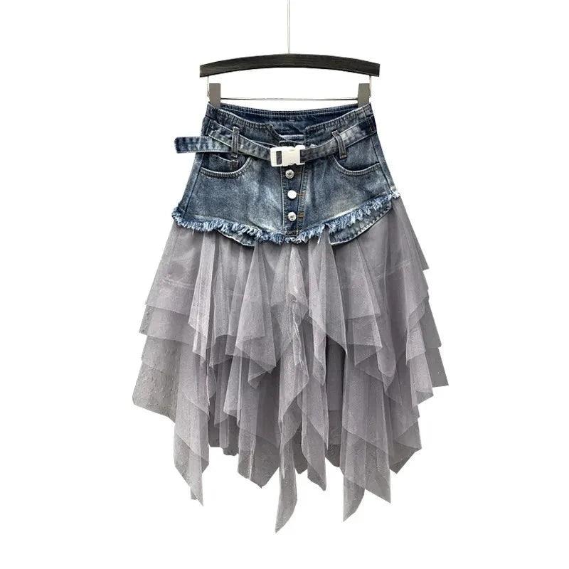 Womens Denim Patchwork Lace Skirt High Waist Asymmetric