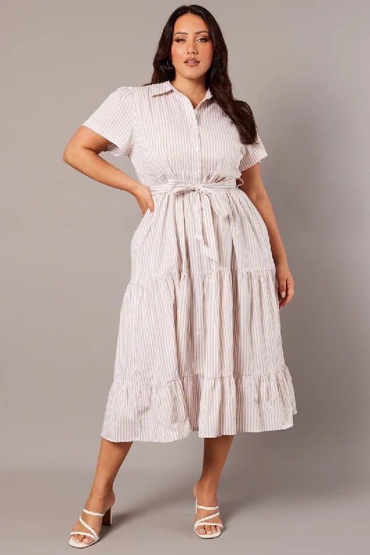 Beige Stripe Midi Dress Short Sleeve Shirt Tiered