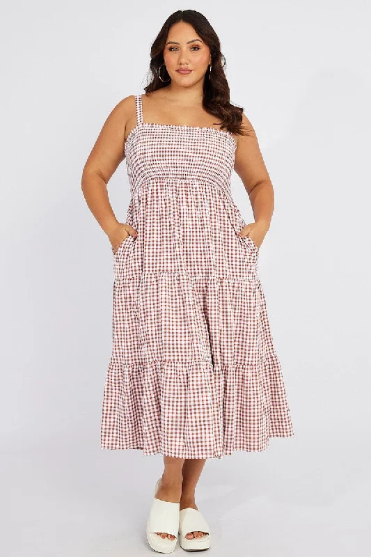 Brown Check Shirred Bodice Frill Gingham Midi Dress