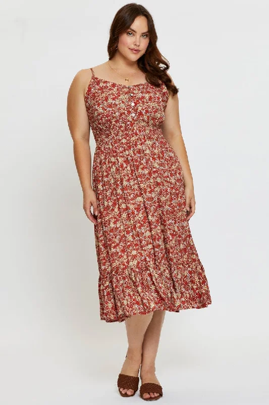 Floral Print Midi Dress V-neck Sleeveless