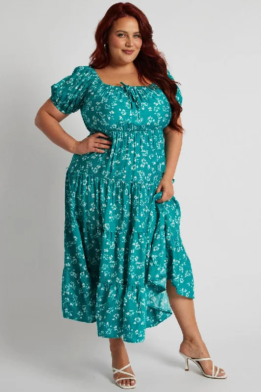 Green Ditsy Midi Dress Short Sleeve Ruched Bust