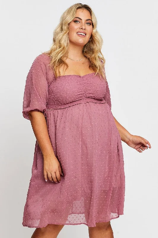 Pink 3/4 Sleeve Chiffon Flocked Midi Dress