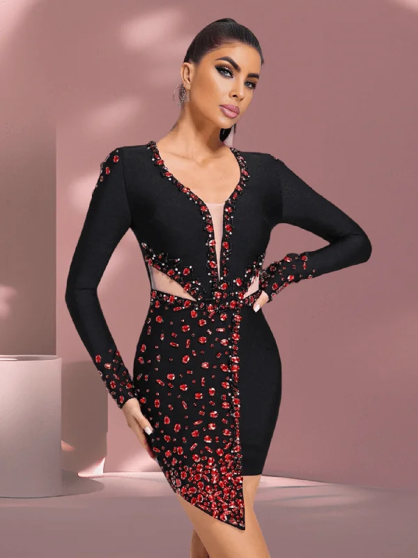 Crystal Design Long Sleeve Party Dress