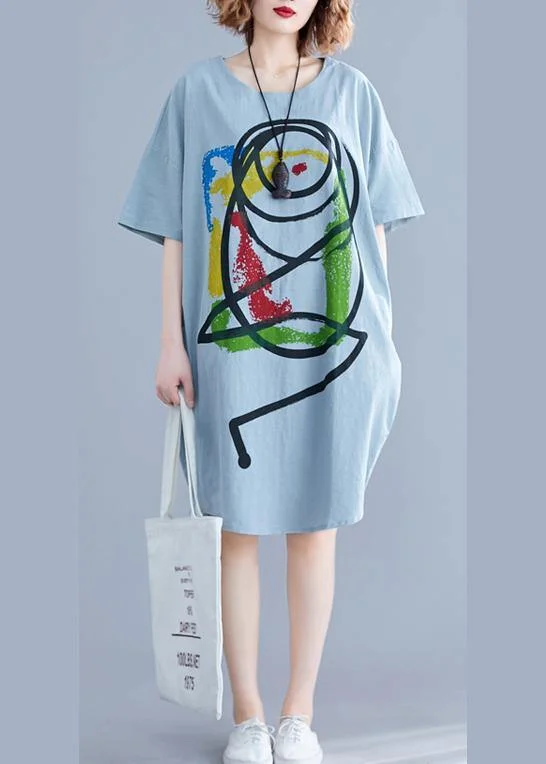 100% light green o neck Cotton clothes Women Cartoon print baggy summer Dresses