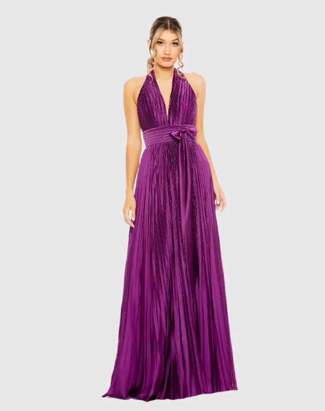 Purple Pleated Halter Neck Gown with Center Bow