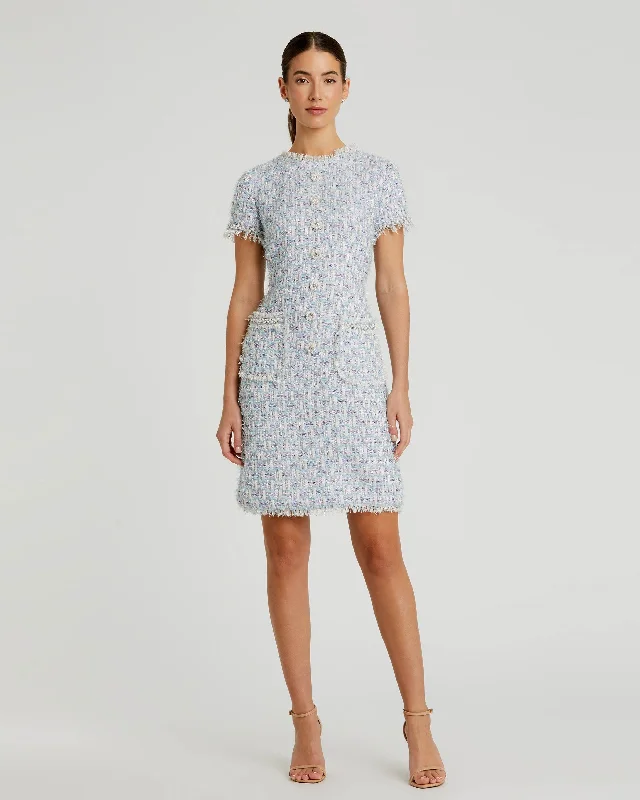 Blue Cap Sleeve Floral Button Detail Shift Dress