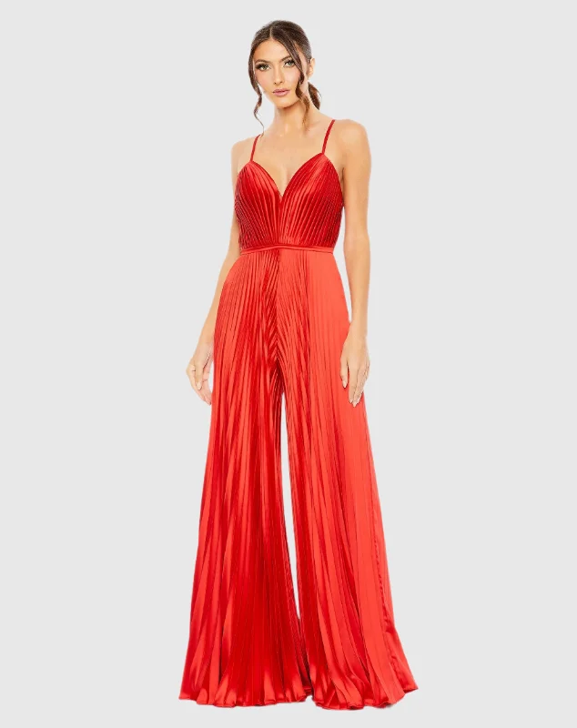 Pleated Plunge Neck Wide Leg Jumpsuit