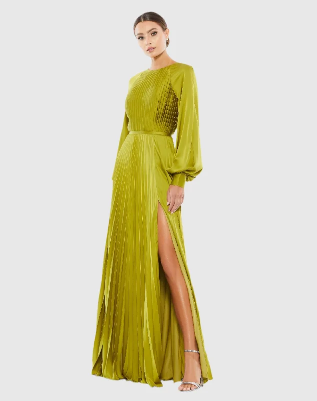 Green Pleated High Neck Raglan Long Sleeve Side Slit Gown