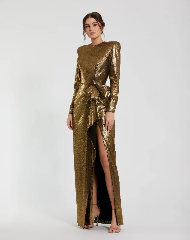 Metallic Jersey Long Sleeve Gown With Bow