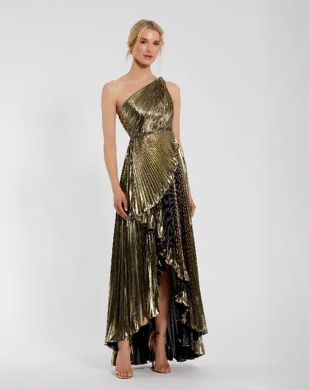 Pleated Metallic One Shoulder High Low Gown