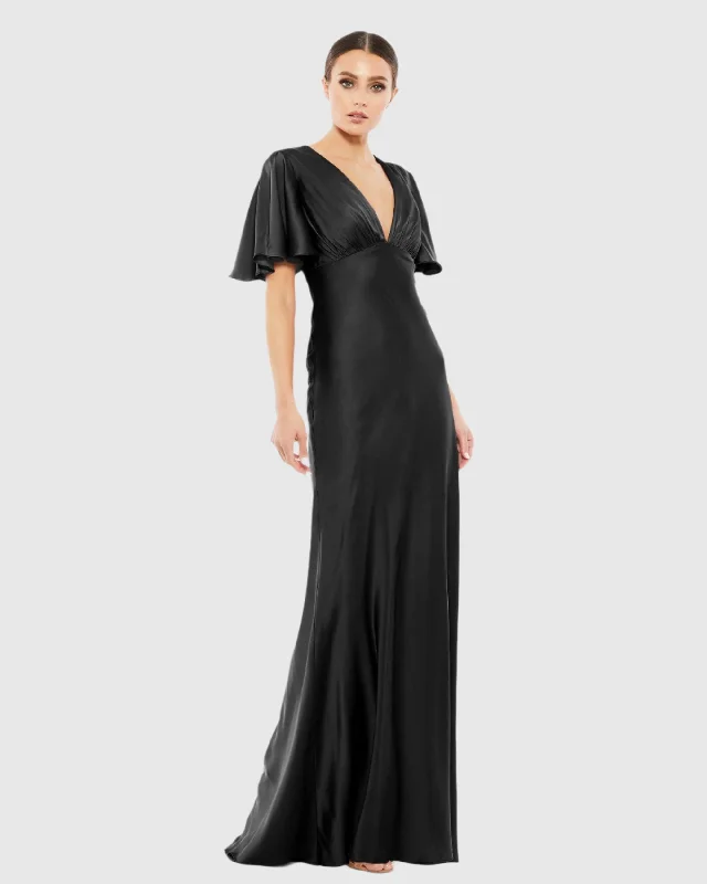 Flounce V-Neck Charmeuse Gown - FINAL SALE