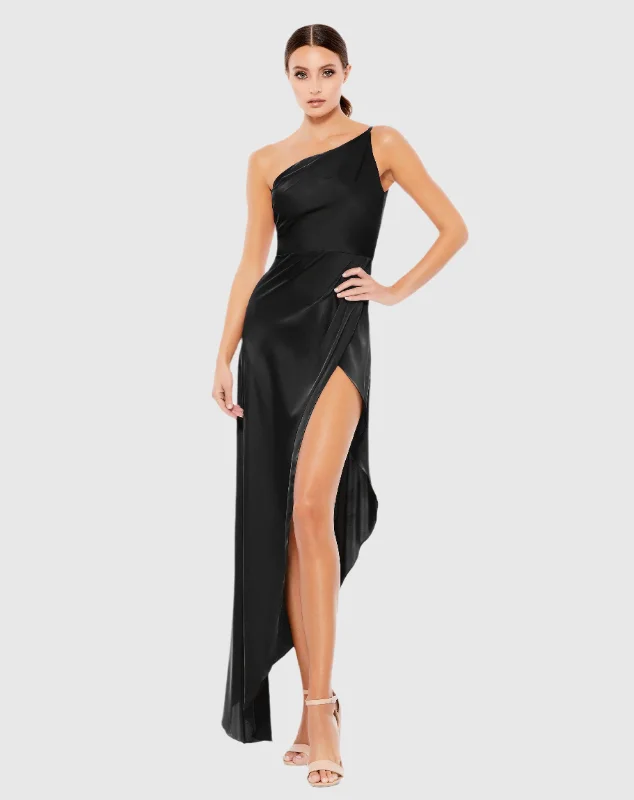 Black One Shoulder Hi-Low Draped Charmeuse Dress