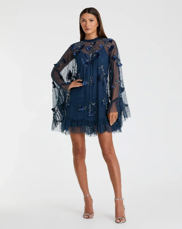 Blue Embellished Long Flare Sleeve Mesh A-Line Dress