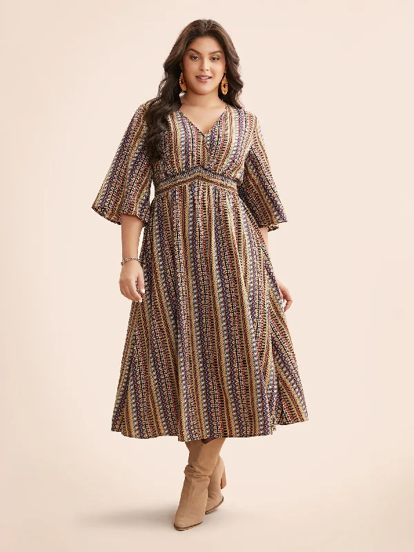 Bandana Striped Shirred Split Hem Dress