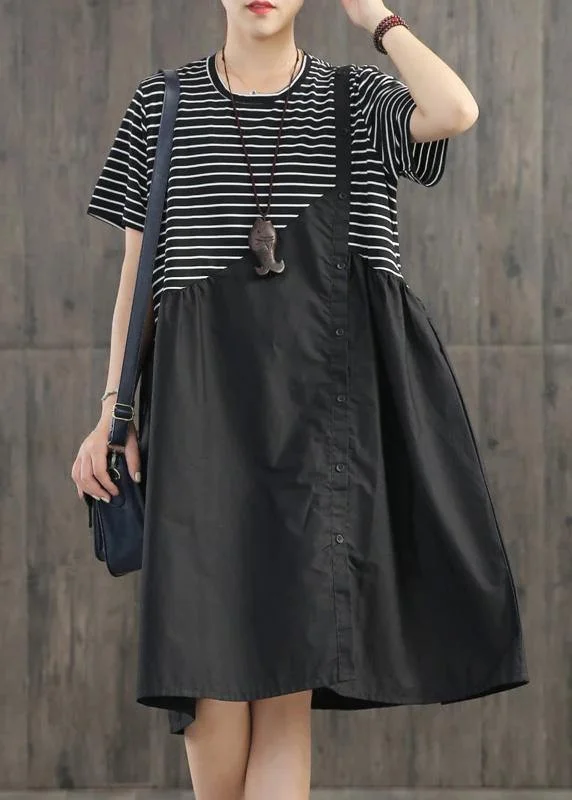 Beautiful cotton clothes Boho Stripes Spliced Round Collar Casual Dress