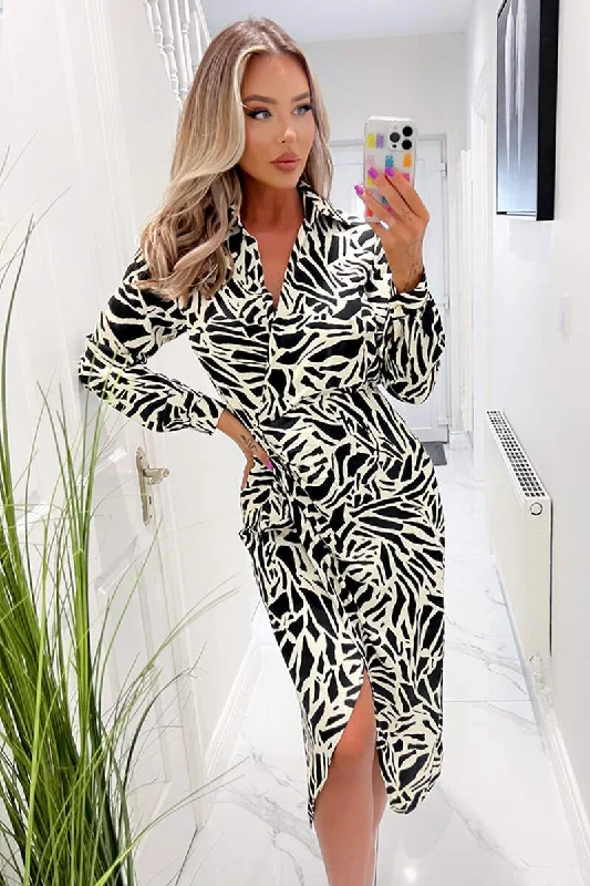 Black and Stone Printed Midi Wrap Dress