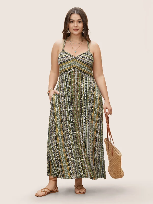 Boho Print Elastic Waist Split Hem Cami Dress