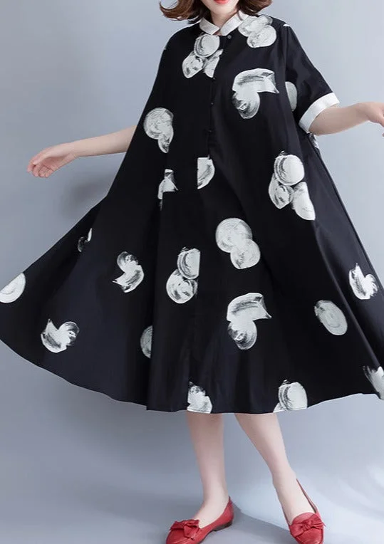 Boutique Black Prints Pure Chiffon Dress Oversize Chiffon Clothing Dresses Fine Big Hem Lapel Collar Chiffon Shirt Dress