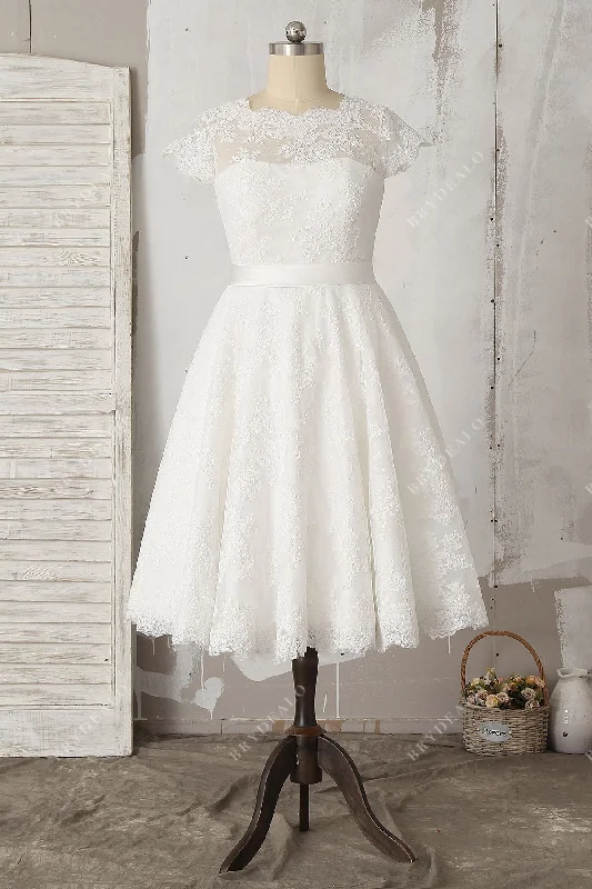 Casual Illusion Lace Cap Sleeve Tea Length Vintage Wedding Dress