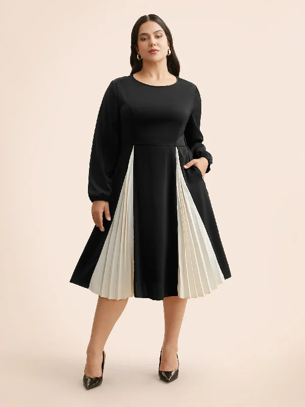 Crew Neck Contrast Pleated Dress