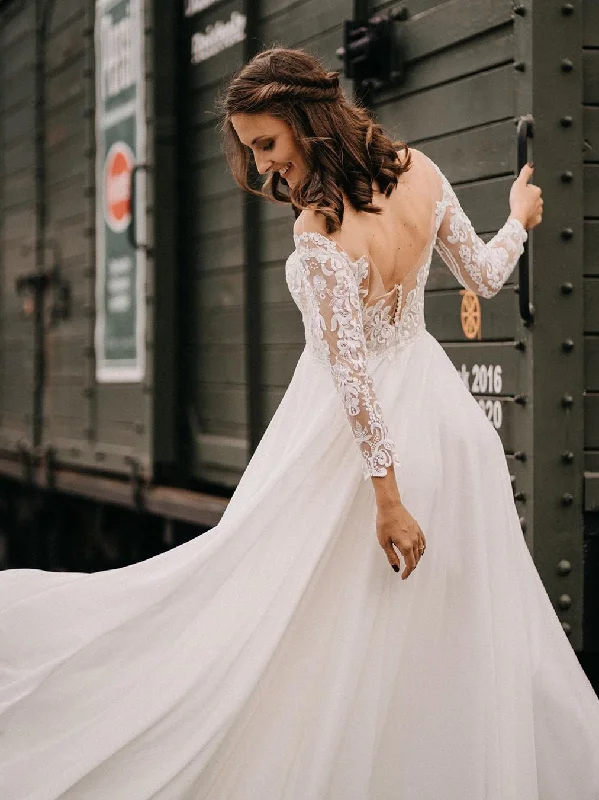 Elegant Chiffon A-line Lace Wedding Dresses with Long Sleeves Gowns WD472