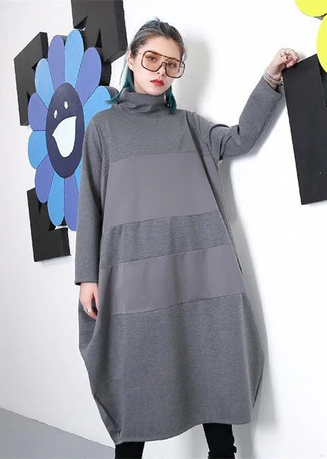 Elegant gray shift dress trendy plus size long sleeve New Turtleneck patchwork cotton blended clothing dress