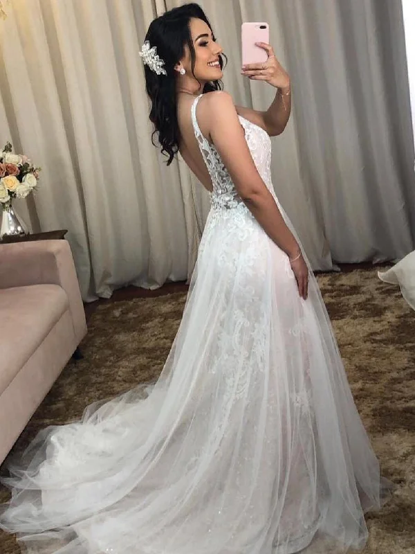 Fabulous V-Neck Backless Appliques Tulle Mermaid Wedding Dresses  WD488