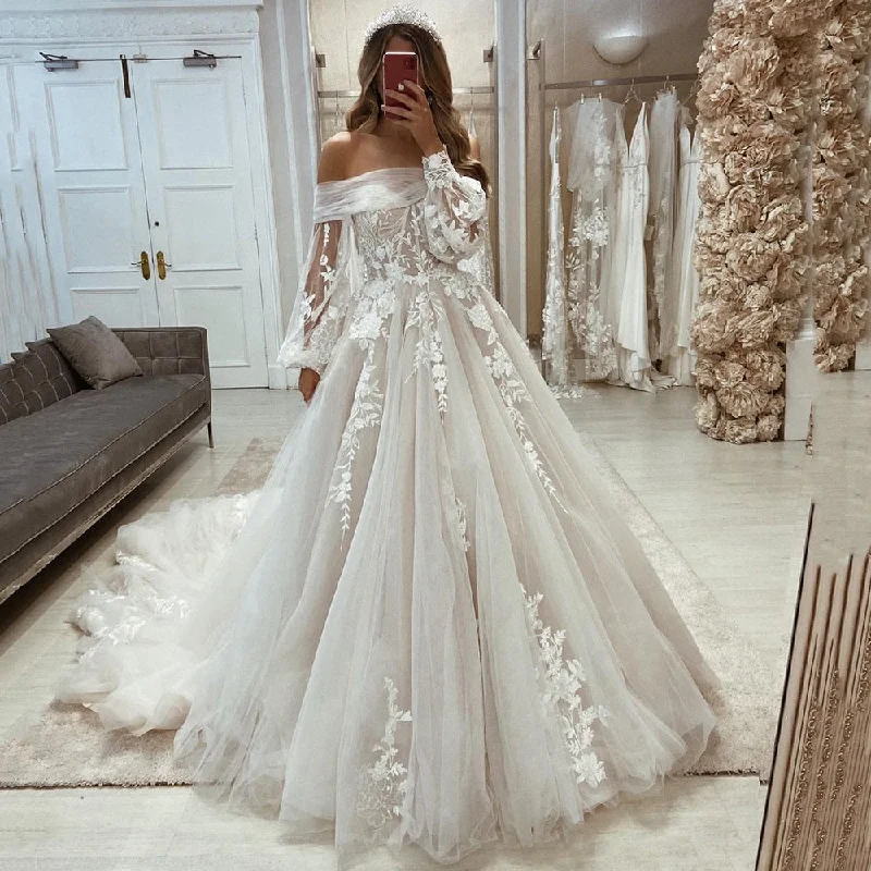 Boho Wedding Dresses Detachable Puff Long Sleeve Lace Bride Dress