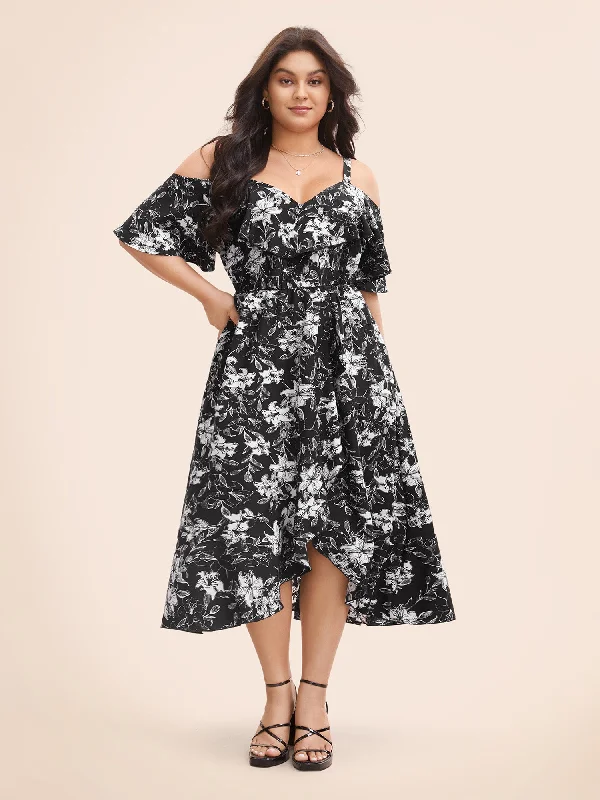 Floral Heart Neckline Ruffle Trim Dress