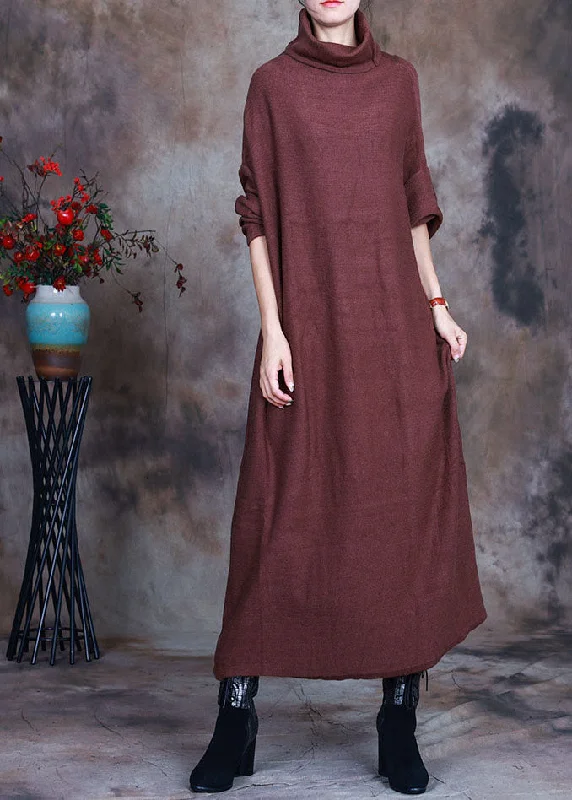 French Chocolate Turtle Neck Knit Dresses Spring