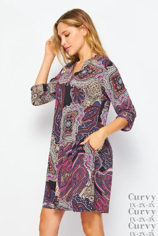 Gabby 3/4 Sleeve Paisley V Neck Dress