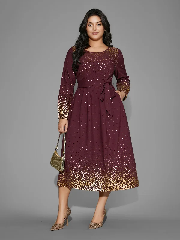 Glitter Round Neck Belted Lantern Sleeve Dress