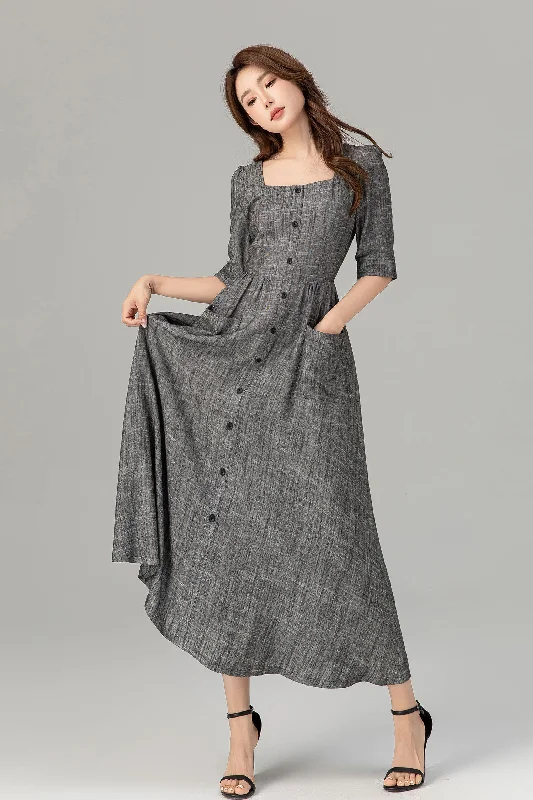 Gray button up midi linen dress with pockets 4933