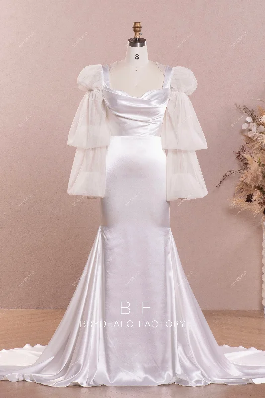 Illusion Bubble Sleeve Satin Designed Mermaid Wedding Dress