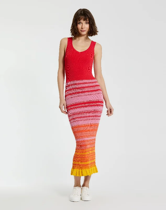 Red Striped Fitted Sleeveless Ribbed Knit Midi Tank Dress - FINAL SALE