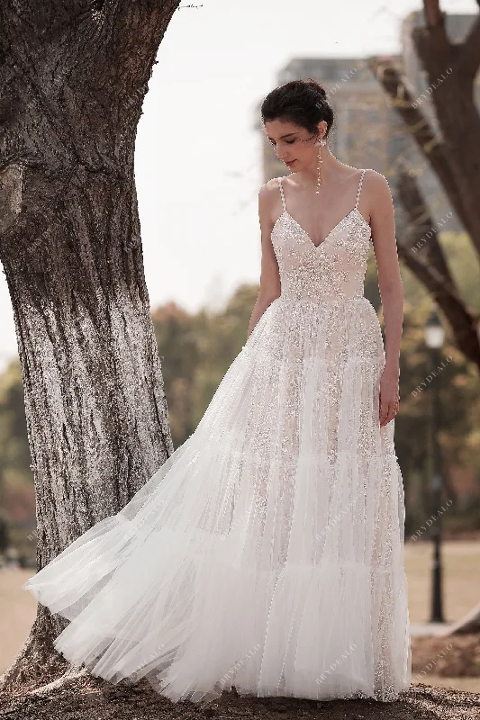 Straps Floral Lace Tulle Fall Beach Wedding Dress