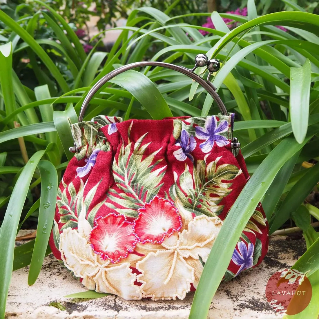 Sundazed Maroon Beaded Hawaiian Purse with Cream Orchids