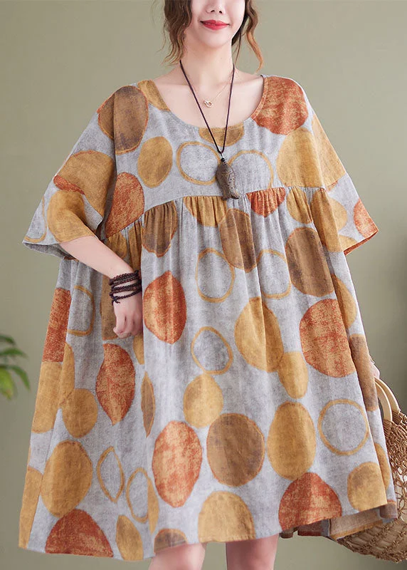 Orange Dot Print Cotton Vacation Dresses O-Neck Wrinkled Short Sleeve