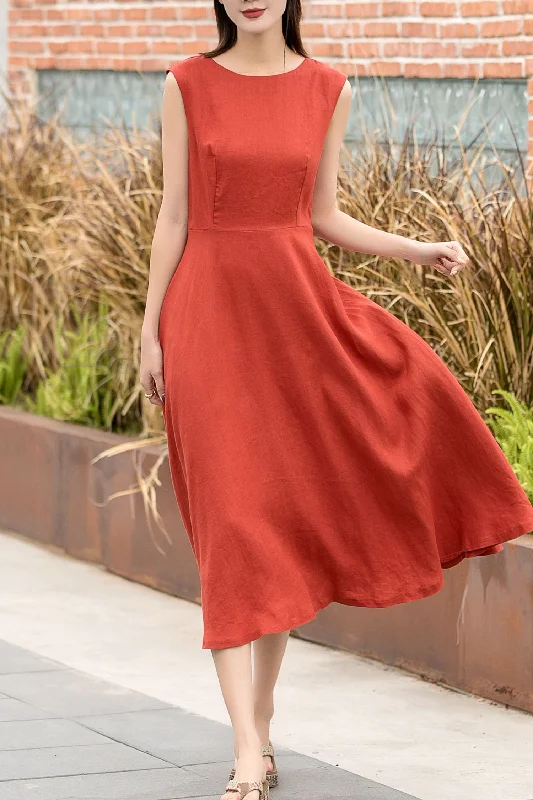 Orange sleeveless summer midi linen dress 2741