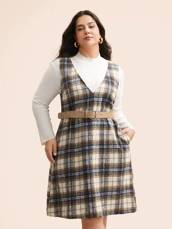 Plaid V Neck Sleeveless Dress