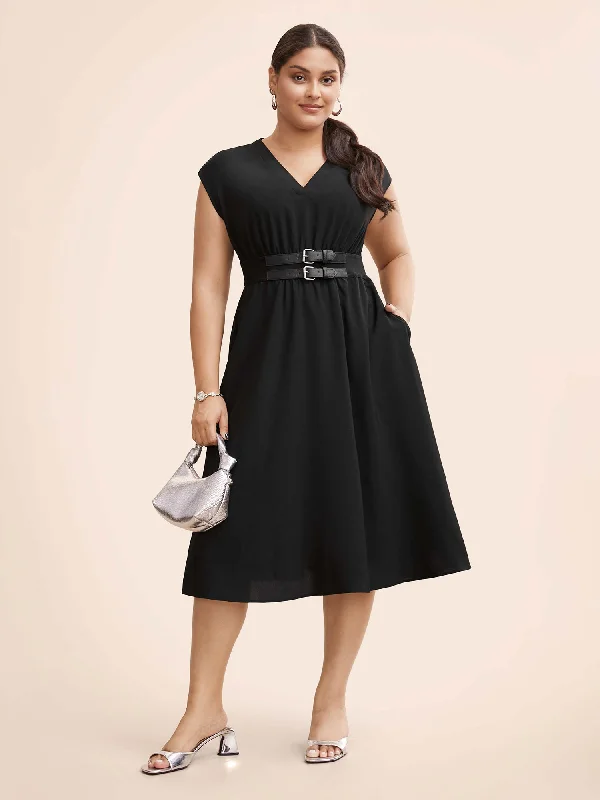 Plain Cap Sleeve Button Detail Dress