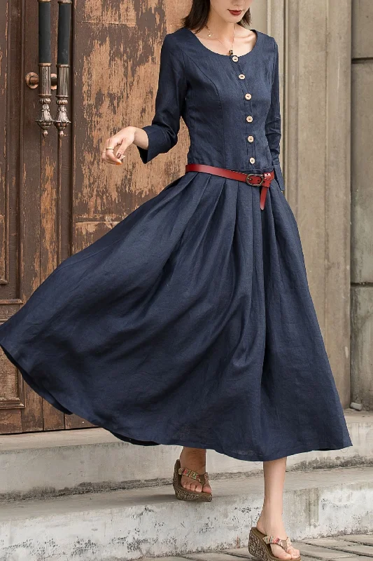 Pleated drop waist long sleeves spring linen dress 2742