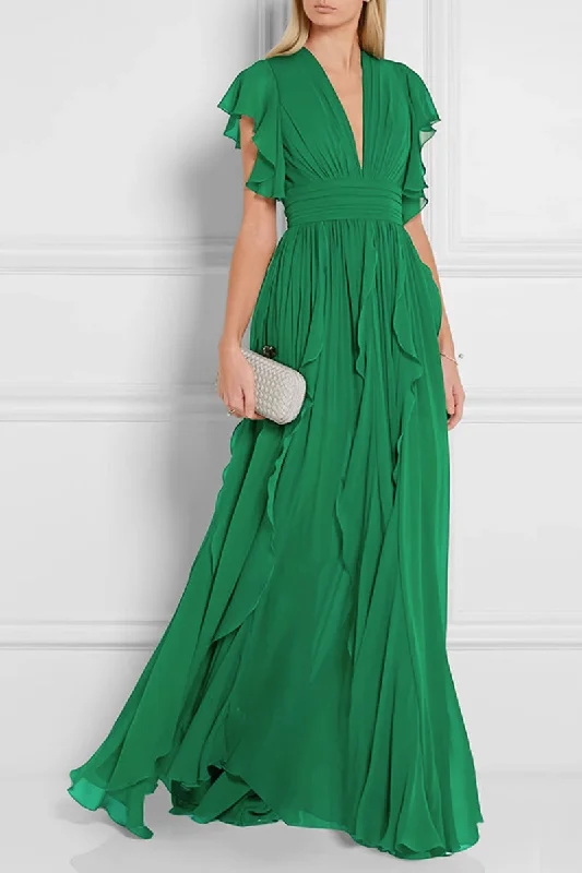 prom green tiered dress with deep v neckline 4446