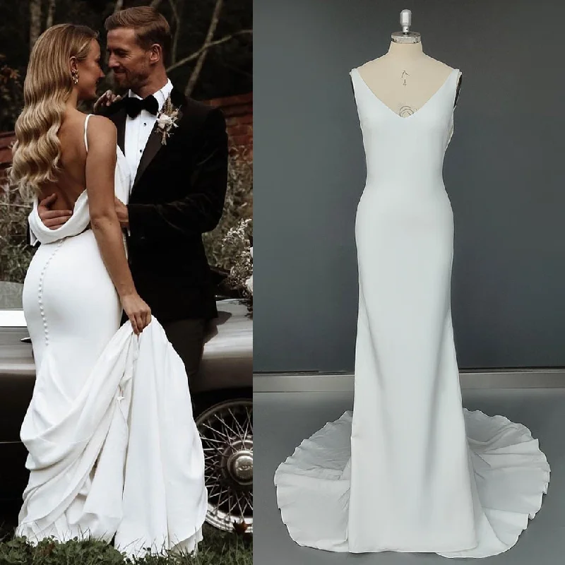 Wedding Dress Long Train Backless Buttons Draped