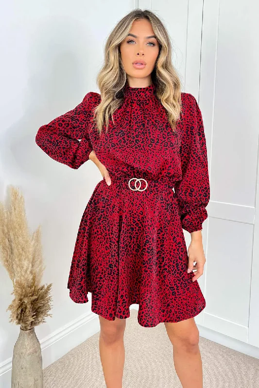 Red Leopard Print Gold Belted Skater Dress