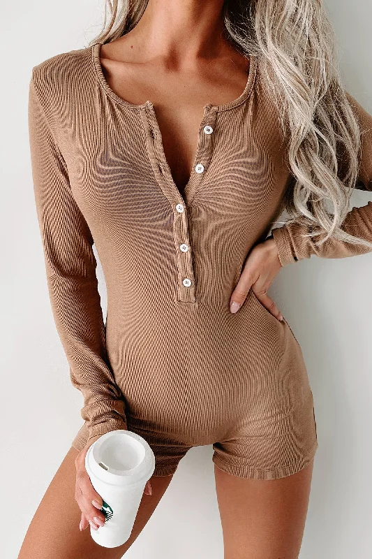 Rest Assured Long Sleeve Bodycon Romper (Mocha)