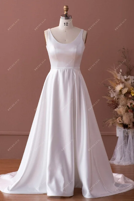 Simple Scoop Neck Satin Modest Court Train A-line Wedding Dress