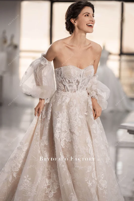 Shimmery Lace Bubble Sleeve Sweetheart Neck Wedding Dress